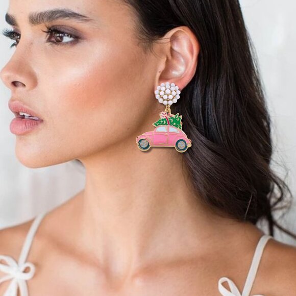 Volkswagen Bug Car VW Christmas Tree Enamel Earrings in Pink and Green - Picture 2 of 3
